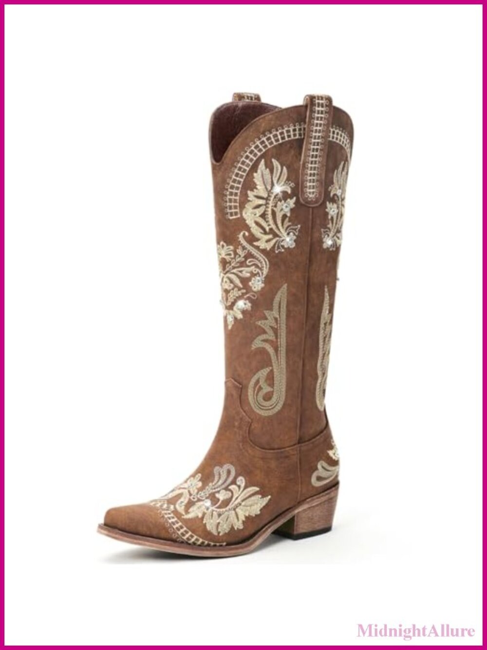 Knee High Western Cowboy Boots Pointed Toe Chunky Heel Pull On Zipper Synthetic